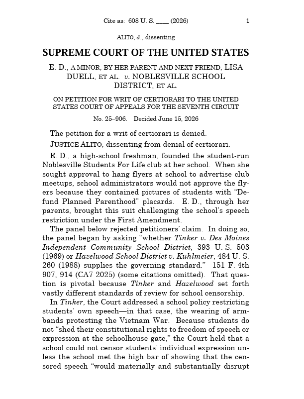 scotus_wire's tweet photo. Justice Alito penned a solo dissent from the Supreme Court's refusal to hear a case involving a Students for Life club whose school blocked flyers featuring "Defund Planned Parenthood" signs, arguing the Court should clarify when schools may restrict student speech. https://t.co/x9sTW7V4Ie