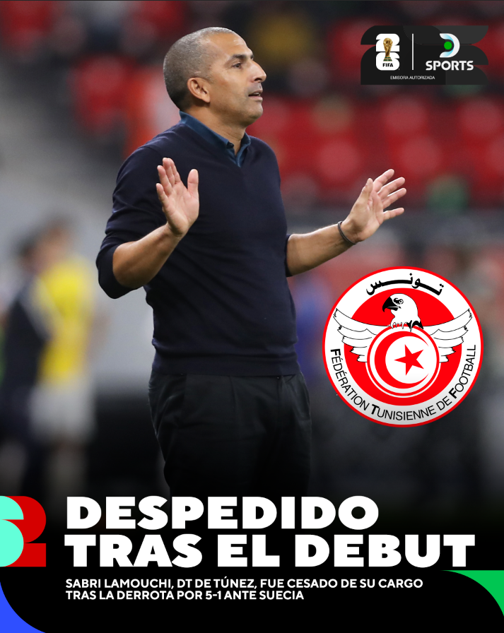DSports's tweet photo. DERROTA, GOLEADA Y PARA LA CASA ❌

🇹🇳 Sabri Lamouchi, DT de Túnez, fue despedido tras la derrota por 5-1 ante Suecia por el debut en el #MundialEnDSPORTS.

📆 Había asumido el cargo el 14 de enero de 2026. https://t.co/mPfqYpSf56