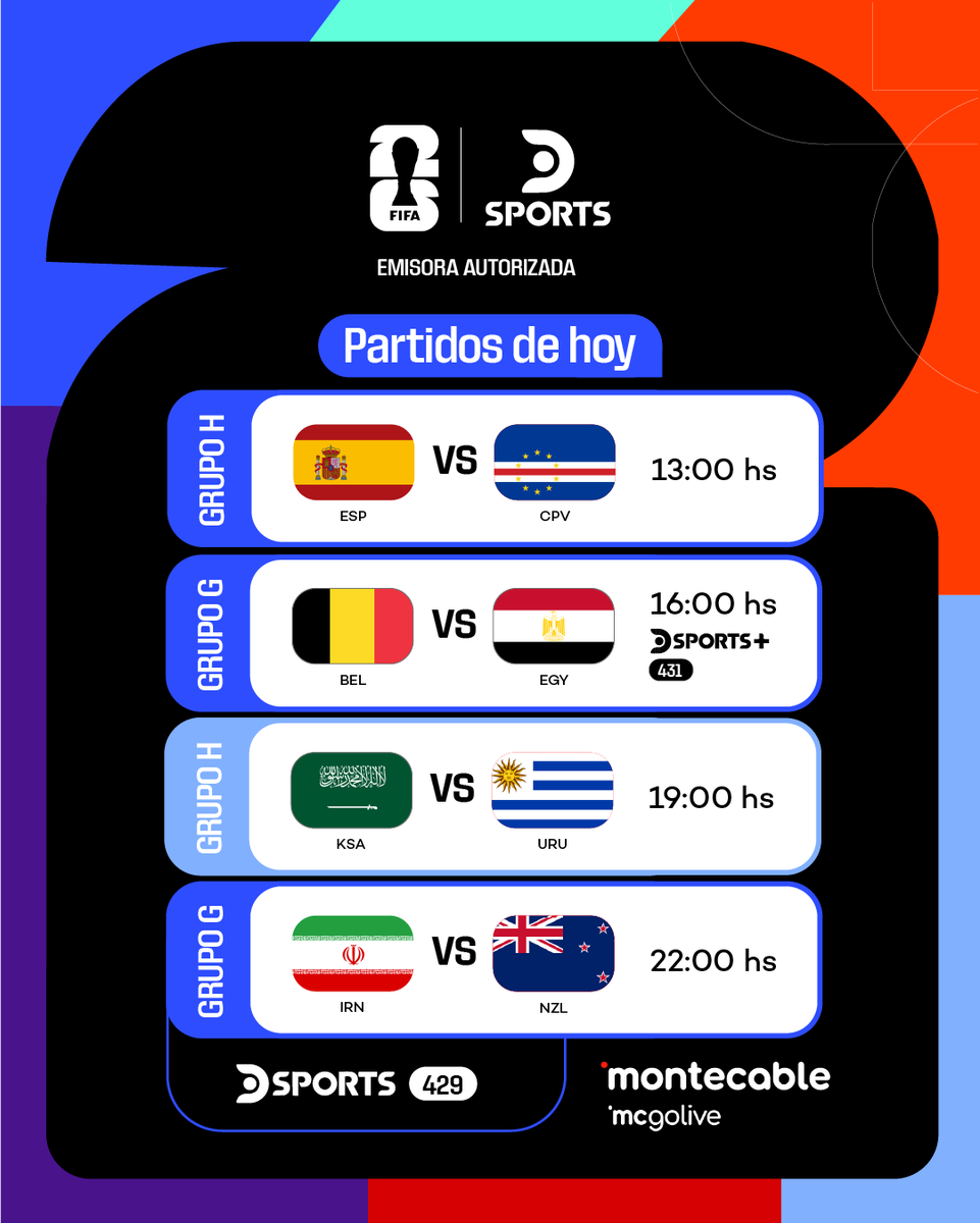 montecableuy's tweet photo. Una larga jornada en la Copa del Mundo🏆

A las 13.00 hs España y Cabo Verde dan inicio al debut del Grupo H seguido de Arabia Saudita vs Uruguay a las 19.00 hs. El Grupo G debuta a las 16.00 hs con Bélgica frente a Egipto,seguido de Irán vs Nueva Zelanda a las 22.00 hs. https://t.co/ZkqhbavYv5