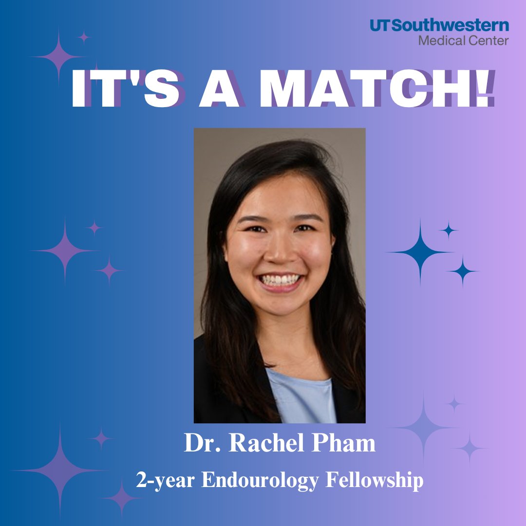 UTSWUrology's tweet photo. IT'S A MATCH! We are so excited to announce that Dr. Rachel Pham will join us for a two-year endourology fellowship! She comes to us from McGovern Medical School in Houston! #Urology #UTSWNews #UTSWLife https://t.co/9La8AeeueO