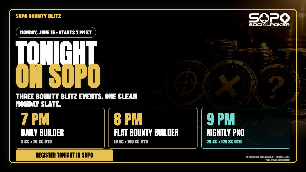 PlaySOPO's tweet photo. Tonight's Bounty Blitz slate:

7 PM ET Daily Builder
3 SC buy-in, 75 SC GTD

8 PM ET Flat Bounty Builder
10 SC buy-in, 100 SC GTD

9 PM ET Nightly PKO
20 SC buy-in, 125 SC GTD

Hop in on SOPO.

https://t.co/uAjXndxJ66 https://t.co/oPTJ8wl8Iq