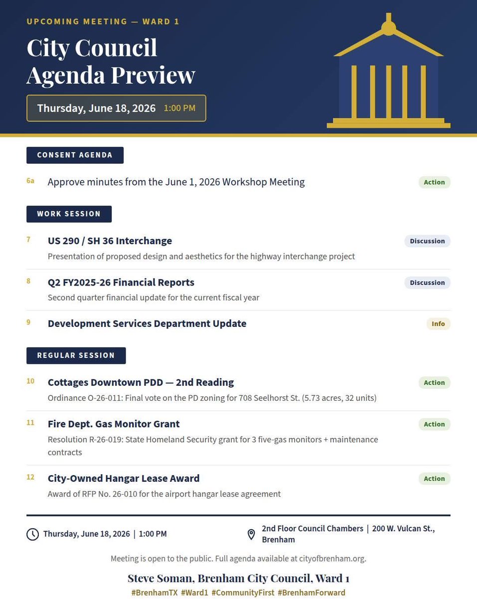 Steve_Soman's tweet photo. Upcoming Brenham City Council meeting on Thursday, June 18, 2026. Here’s what to expect. 

Full agenda link here: https://t.co/LezmhxDVbE https://t.co/nkBYiPkLS0