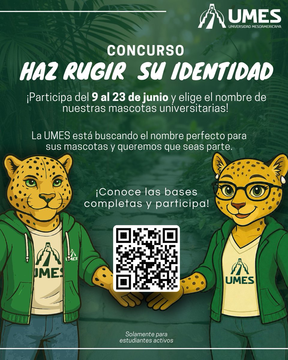 mesoxela's tweet photo. 🐆✨Del 9 al 23 de junio, participa en el concurso «Haz rugir su identidad» y ayúdanos a elegir el nombre perfecto para ellas.

👉 Conoce las bases completas aquí: https://t.co/W15V9f8tAr

🟢Solamente para estudiantes activos de la UMES 🟢 https://t.co/FjqzqYFB3d