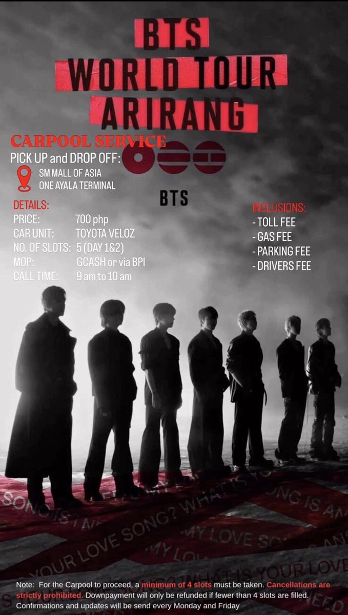pattyArmy19's tweet photo. LF PASSENGERS: BTS ARIRANG IN BULACAN @ PH SPORTS STADIUM

ROUND TRIP
Pick up and Drop off Points:
- One Ayala Terminal
- Sm Moa https://t.co/hAZGL2h3no