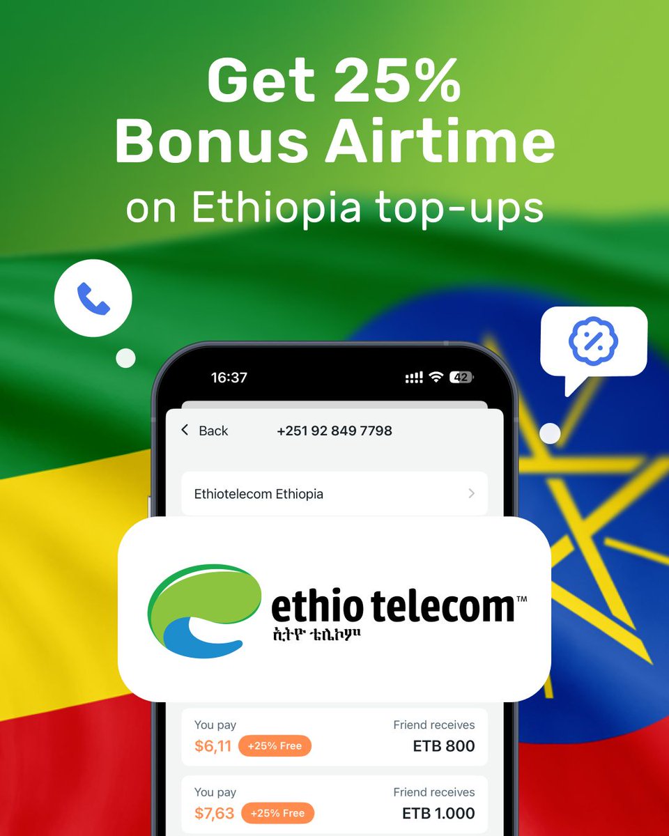 yollacalls's tweet photo. ⚡Top up an Ethio Telecom number with ETB 200 or more and get 25% extra airtime as a bonus — a great way to stay close and make every top-up go further!

➡️Open the #Yolla app: https://t.co/3GP6n5ZBos 
➡️Go to Mobile Top-Up 
➡️Enter the number and send in just a few taps https://t.co/BKVVG7T7DS