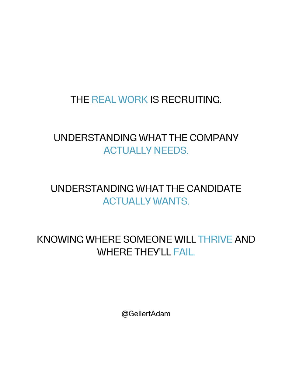 GellertAdam's tweet photo. Finding people is the easy part.

I could send you 100 resumes by tomorrow.

That doesn’t mean you’ll make a hire.

If you want a recruiter who's obsessed with matchmaking, get in touch. Link in bio. https://t.co/RqCPoRjDbI