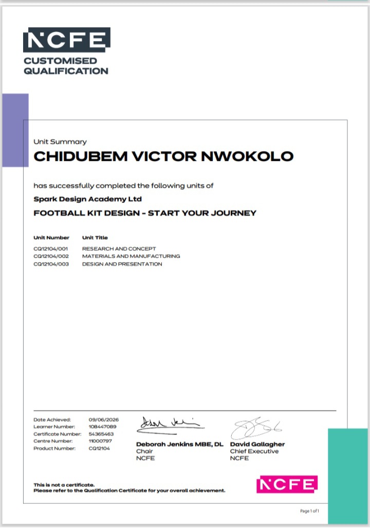 DesignVickey's tweet photo. Hello everyone, Proud to Announce that I got my Certification from @_Spark_Academy  and now, a certified Football kit designer by @NCFE UK.

Grateful for this certification, so I can continue to advance the sports Apparel design game in Africa and worldwide ⚽ 👚 ⚽ 🎽
#football https://t.co/iONt63uhET