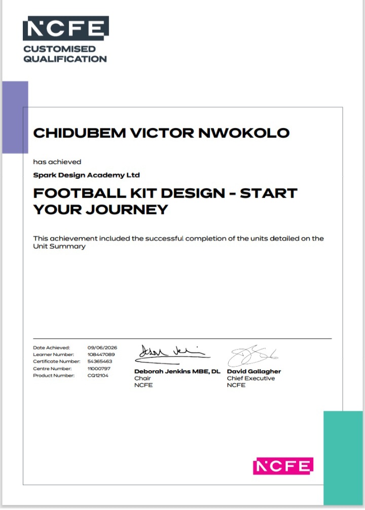 DesignVickey's tweet photo. Hello everyone, Proud to Announce that I got my Certification from @_Spark_Academy  and now, a certified Football kit designer by @NCFE UK.

Grateful for this certification, so I can continue to advance the sports Apparel design game in Africa and worldwide ⚽ 👚 ⚽ 🎽
#football https://t.co/iONt63uhET