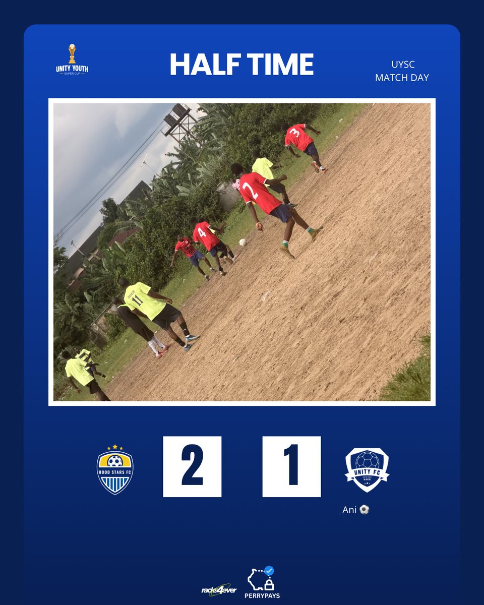 unityfc_warri's tweet photo. “HALF TIME ⚽
Hood Stars FC 2-1 Unity FC
Ani pulls one back! 💪
Second half loading — let’s turn it around boys!
#UYSC2.0 #UnityFC” https://t.co/nuO62fRSdf