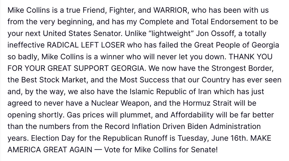 TeamTrump's tweet photo. 🚨 GEORGIA - TOMORROW, JUNE 16, is the RUNOFF ELECTION for U.S. Senate! @MikeCollinsGA is the Trump-endorsed candidate ready to take on Dumocrat Jon Ossoff

Mike will FIGHT for GEORGIA! Unlike pretty boy Jonny Ossoff, who doesn't represent the values of Georgia. VOTE FOR MIKE! https://t.co/NDVllseMdA