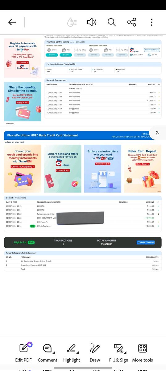 Shriadityagupta's tweet photo. @HDFC_Bank @HDFCBank_Cares 
Hello team, I have phonepe hdfc ultimo credit card. I couldn't understood cashback points calculation. 4 transation on 13/05 are electricity bill, 1 transaction on 01/06 gas booking and 1 transaction on 07/06 jio recharge. All done on PhonePe  (1/4) https://t.co/zw7Sw20o65