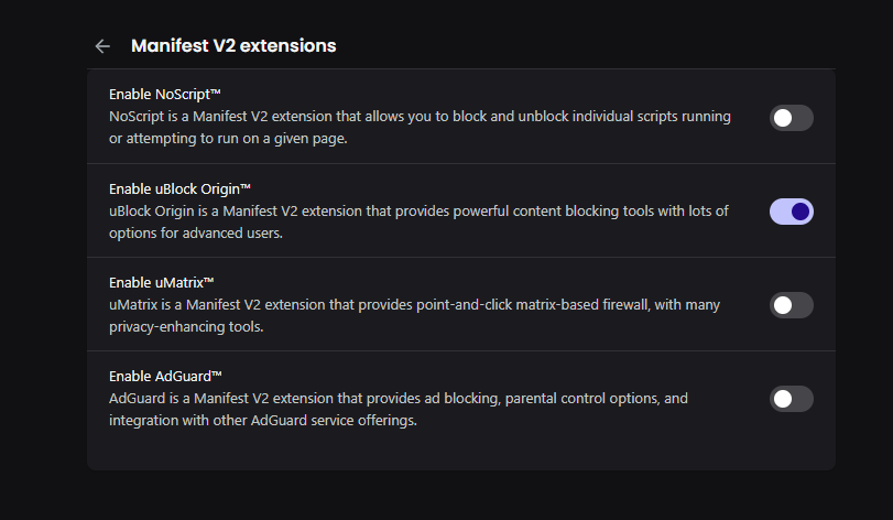 brave's tweet photo. @chimpriot Our browser lets you download and enable a select number of MV2 extensions directly through our settings. You can find them at Settings -> Extensions -> Manifest v2 extensions https://t.co/I5eEbSA7VE