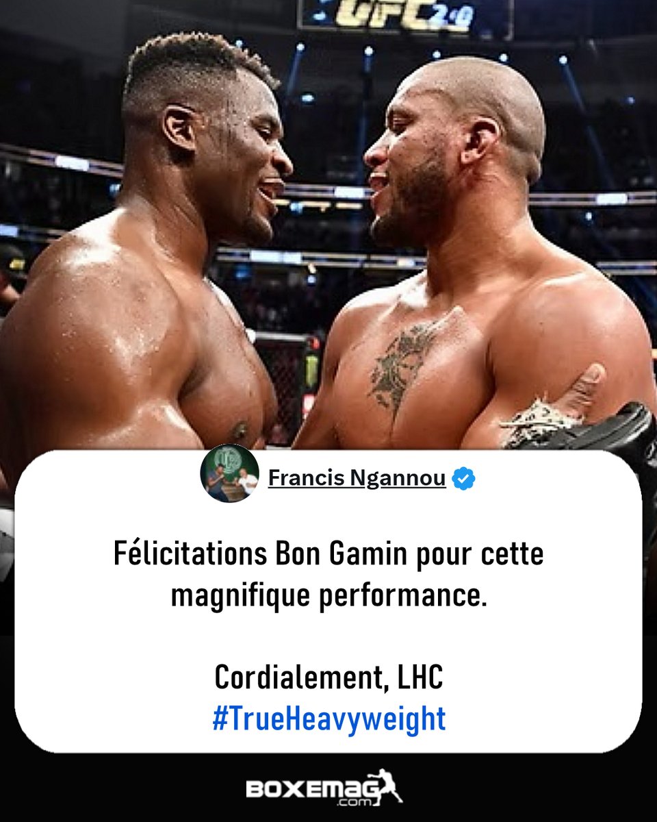BoxeMag_com's tweet photo. Francis Ngannou 🇨🇲 a félicité Ciryl Gane 🇫🇷 pour sa performance face à Alex Pereira 🇧🇷 lors de l'UFC Maison Blanche 🇺🇸 https://t.co/ZtUbWAN3e2