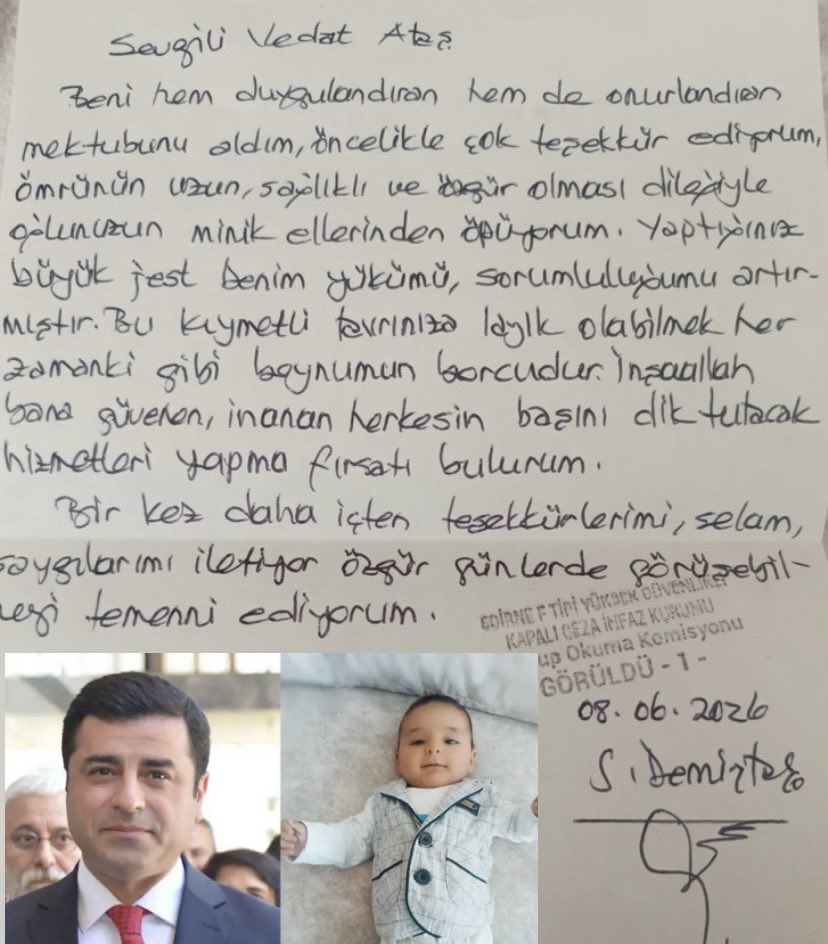 Demirtas_neferi's tweet photo. Selahattin Demirtaş’tan Vedat Ataş’a Teşekkür Mektubu: ‘Yaptığınız Büyük Jest Yükümü Ağırlaştırdı’

Sevgili Vedat Ataş

Beni hem duygulandıran hem de onurlandıran mektubunu aldım, öncelikle çok teşekkür ediyorum. Ömrünün uzun, sağlıklı ve huzur dolu olması dileğiyle oğlunuzun minik ellerinden öpüyorum.

Yaptığınız büyük jest benim yükümü, sorumluluğumu artırmıştır. Bu kıymetli tavrınıza layık olabilmek her zamanki gibi boynumun borcudur. İnşaallah bana güvenen, inanan herkesin başını dik tutacak hizmetleri yapma fırsatı bulurum.

Bir kez daha içten teşekkürlerimi, selam ve sevgilerimi iletiyor, özgür günlerde görüşebilmeyi temenni ediyorum.

Rudaw