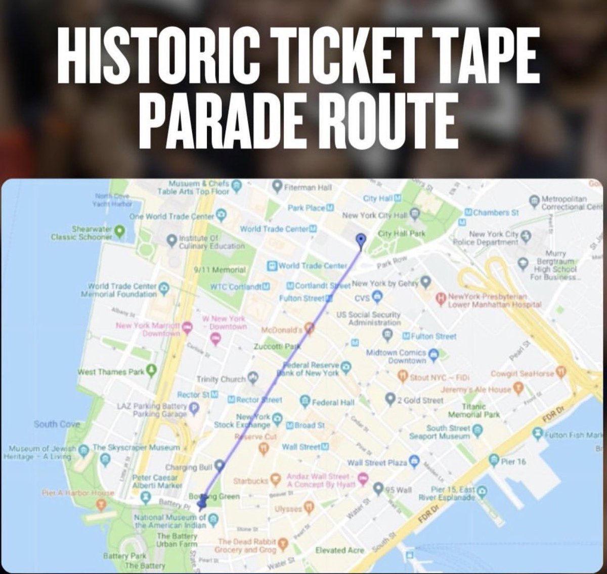 TheDougRush's tweet photo. As announced by @NYCMayor over the weekend:

The Knicks NBA Championship parade down the Canyon of Heroes will be held on Thursday.

The parade is expected to start in Battery Park around 10am and conclude at City Hall. Mayor Mamdani will present the Knicks the Keys to the City in a ceremony there.

This will also be the first ever ticker-tape parade for a Knicks championship, as they didn’t hold a parade for their last championship back in 1973, there was only a ceremony at City Hall.