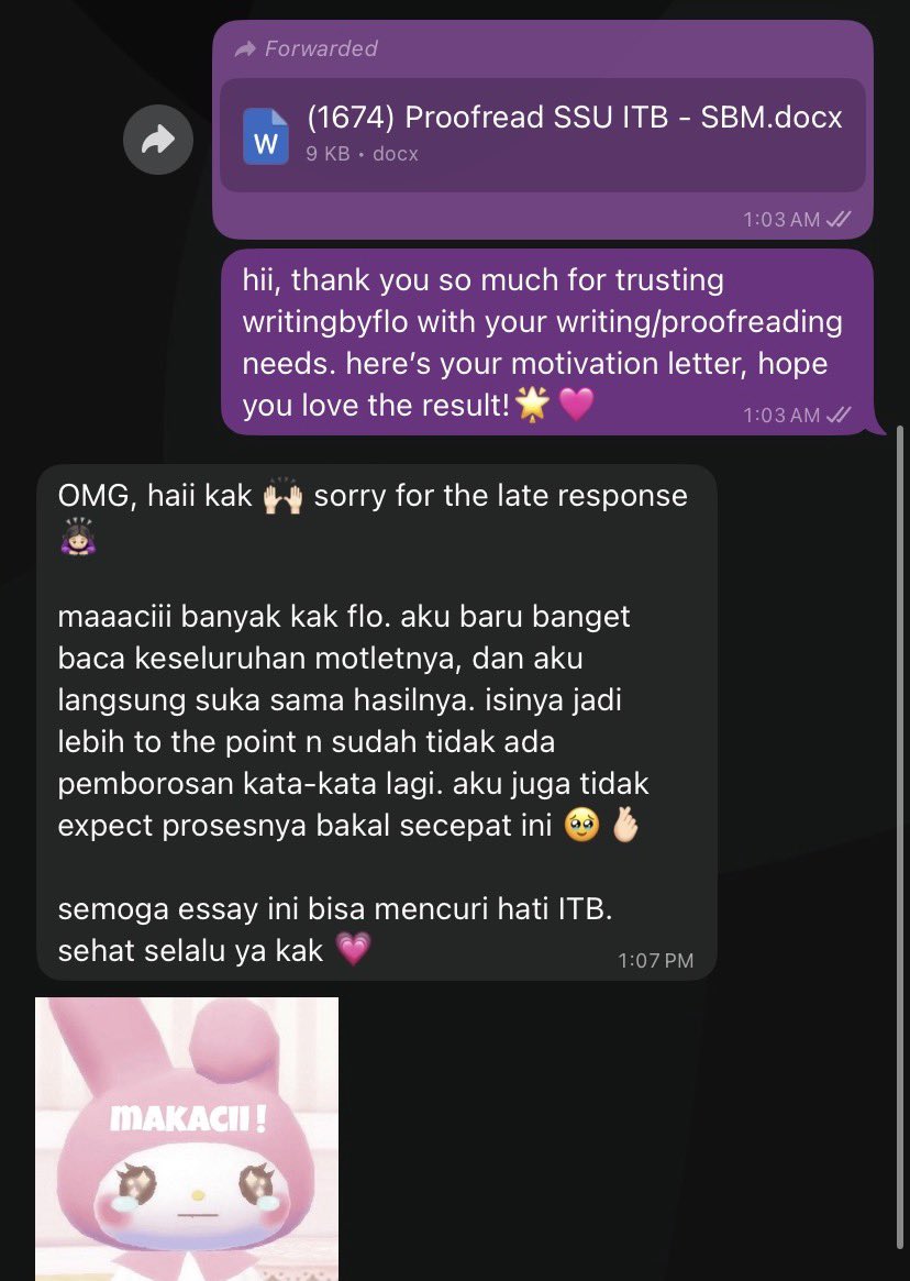writingsbyflo's tweet photo. writingbyflo OPEN proofread (revisi) &amp; writing assistance from 0 untuk motivation letter (motlet) / statement of purpose (SOP) / essay 

•PPKB UI
•SSU ITB - UTBK
•SSU ITB - TES
•IUP ITB
•IUP UGM
•IUP UNAIR
•TS UI
•SIMAK UI KKI
&amp; more🧸🪷

TAP LINK IN BIO FOR MORE INFO💌 https://t.co/UqvIQACdpr