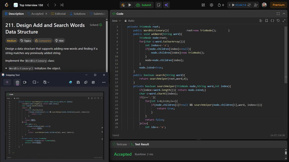 Ankitdotdev's tweet photo. Day 164/365 of the DSA grind! 

Learning Tries (Prefix Trees) today! 

• Implement Trie: Built the standard 26-child node structure for instant O(L) lookups.
• Add & Search Words: Added recursive DFS to the Trie to handle . wildcards!
• Word Search II (Hard): Built a Trie of the dictionary first, then ran DFS on the grid to instantly prune invalid paths.

#DSA #Java #100DaysOfCode #LeetCode #SoftwareEngineering