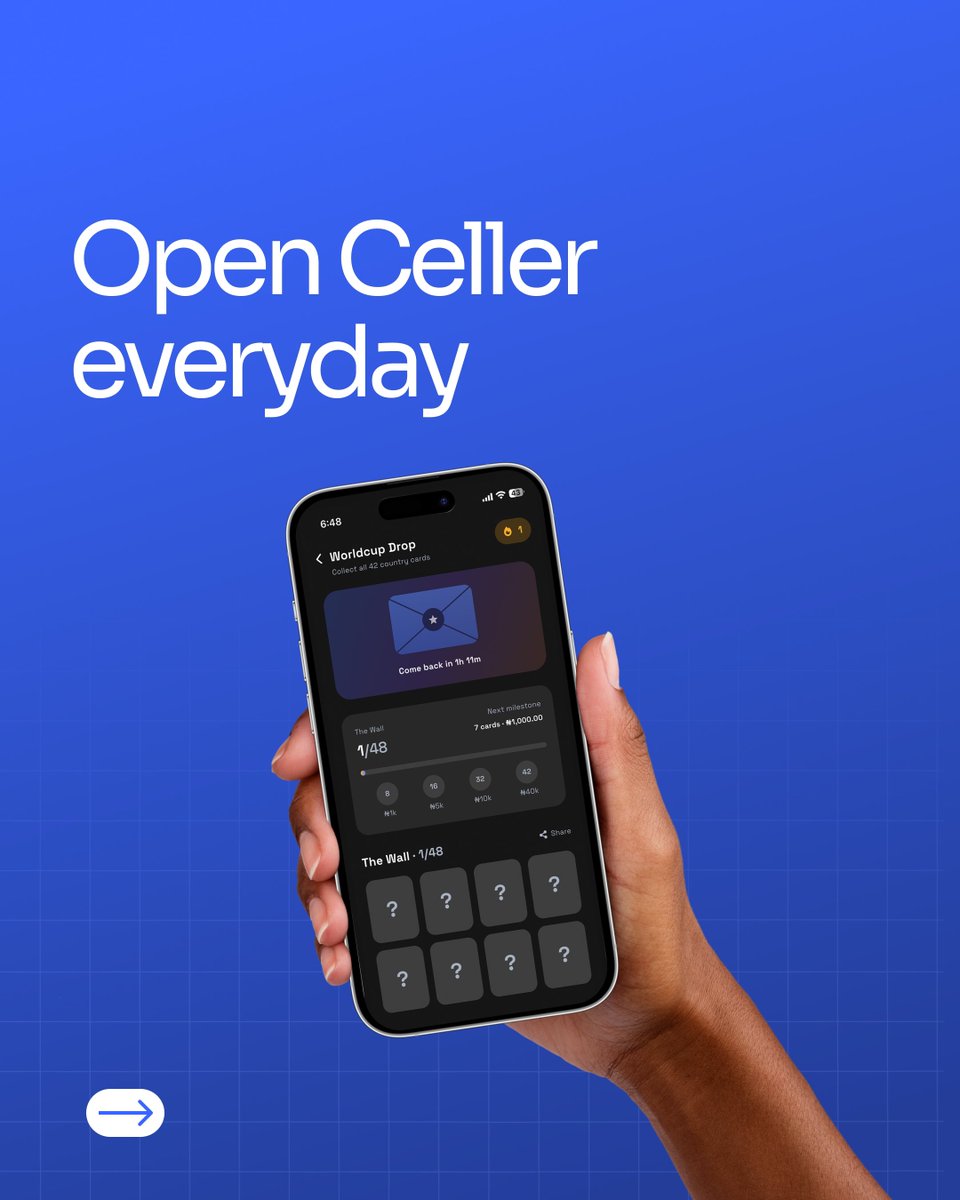 UseCeller's tweet photo. The Celler World Cup Drop is here!

This World Cup, every day is match day on Celler. 

Open the app daily to collect country cards, complete your collection, unlock rewards and stand a chance to win exciting prizes.

Here’s how it works:
🎁 Get a FREE country card every day https://t.co/u8Be2qqimE