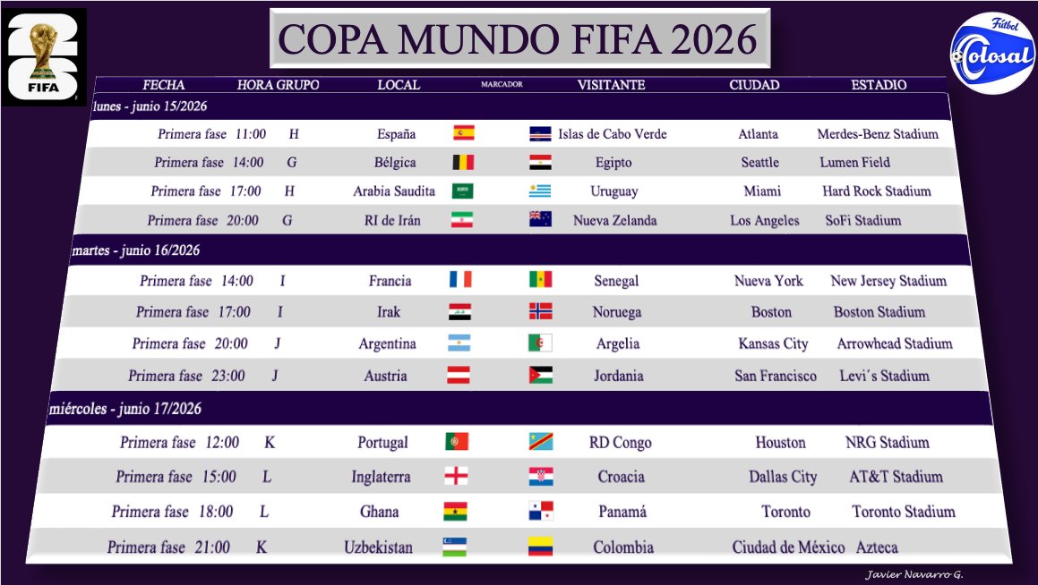 FutbolColosal's tweet photo. MUNDIAL COLOSAL 🇨🇴⚽️🏆
A 2 días para que juegue COLOMBIA🇨🇴prográmese para estos 3 días de la Copa Mundial FIFA 2026🇺🇸🇨🇦🇲🇽 https://t.co/JoxlcouLtB