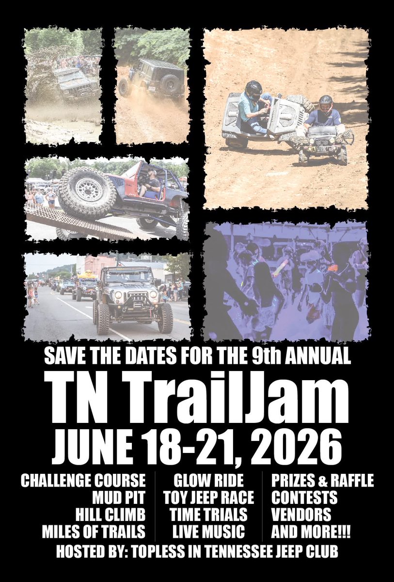 LorettaLynn's tweet photo. It's almost time for TN Trail Jam! It's not too late to plan your visit to @LL_Ranch 
for this year's TN Trail Jam June 18-21. There will be a challenge course, mud pit, hill climb, glow ride, time trials, live music, a toy jeep race, miles of trails, contests and more! Who will we see there??