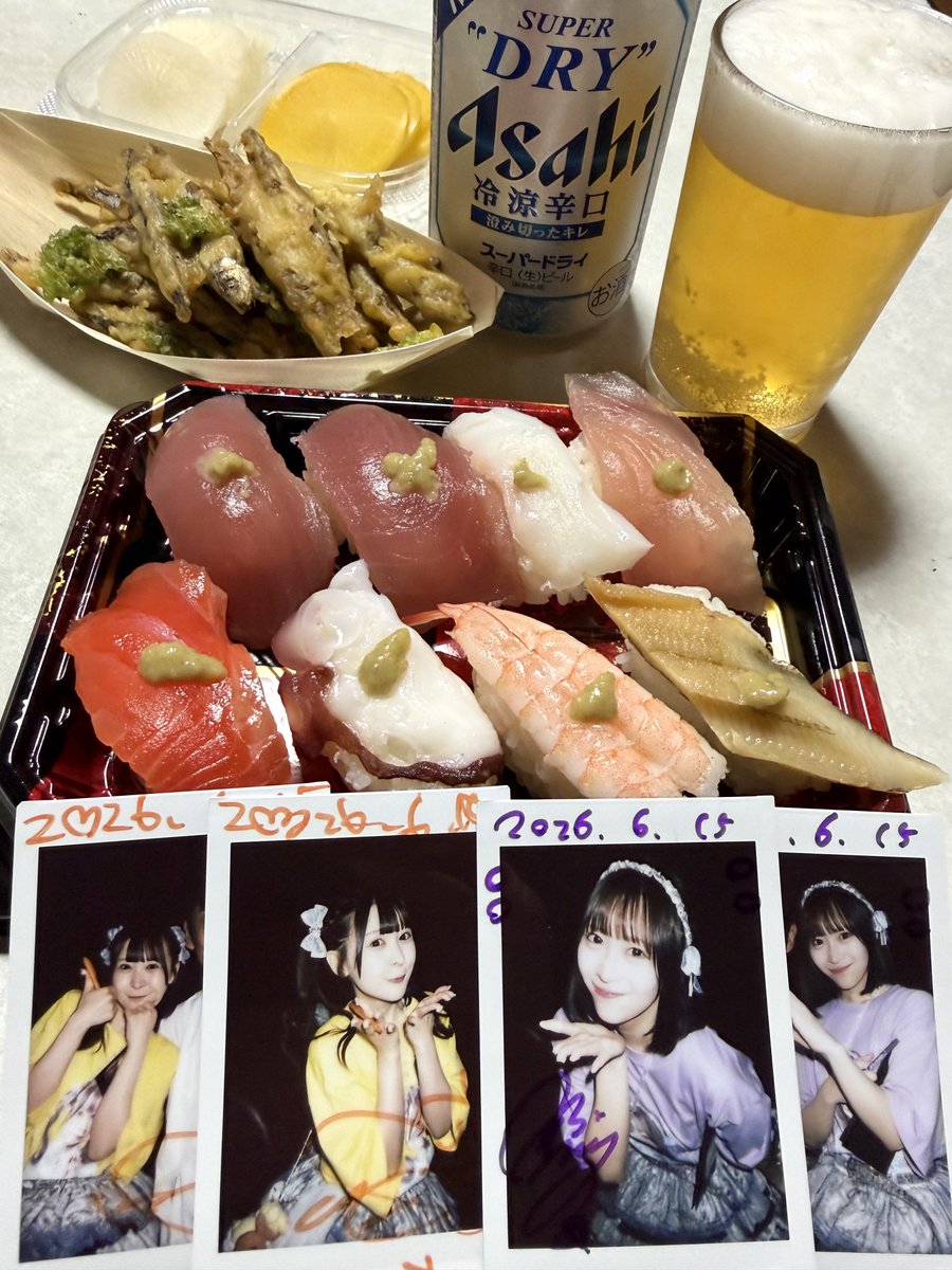 moichi1020's tweet photo. ·
🌈推しごと終わりの😋至福の一杯🍺
·
ワガラノ１周年おめでとう🎉👏👏👏
💛悠希こころ ちゃん💛
💜汐田愛梨 ちゃん💜
ワガラノの更なる飛躍と活躍に...
＼😋かんぱーい🍻／
·
🍣お寿司🍤天ぷら🍺ビール #おうちごはん
#X晩酌部 #Twitter晩酌部 https://t.co/tXvWj3sejb