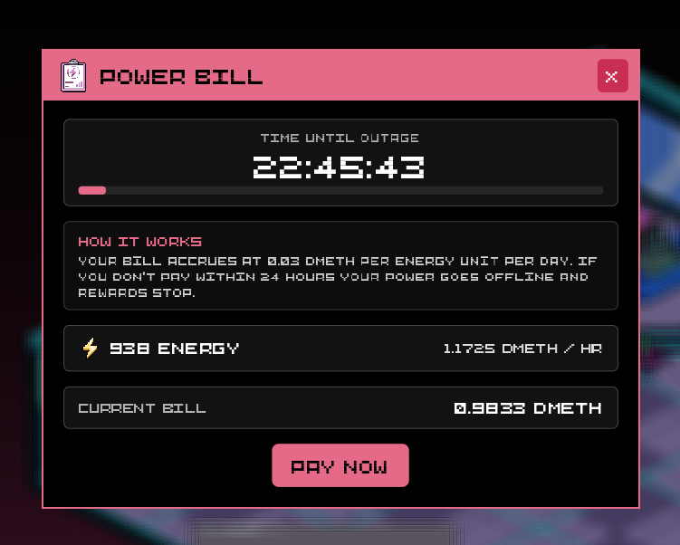 Cryp70n1t3v2's tweet photo. The power bill is one of the mechanics that separates active players from passive ones. My room uses 938 energy units, which costs 1.1725 DMETH per hour. If the bill is not paid within 24 hours, power goes offline and rewards stop completely. Voided rewards burn and do not get redistributed. Current bill is 0.9833 DMETH with just under 23 hours on the clock. DMETH keeps the lights on. @MiningEthOnEth