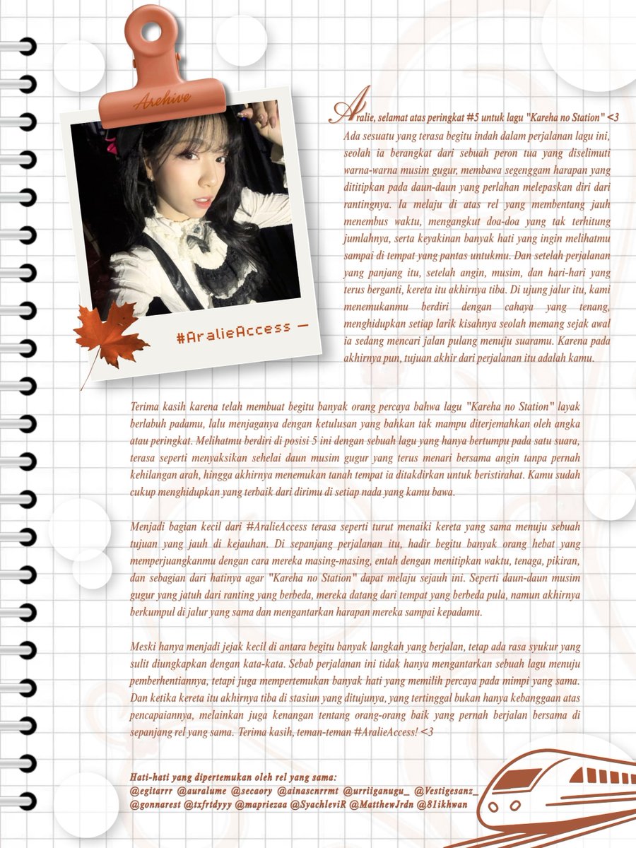 aboutralie's tweet photo. #𝟓 — 𝑲𝒂𝒓𝒆𝒉𝒂 𝒏𝒐 𝑺𝒕𝒂𝒕𝒊𝒐𝒏 🚉🍂
#AralieAccess #TujuanAkhirStasiunDaunKering https://t.co/Qd4ro7R43u