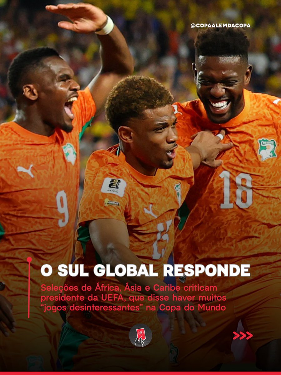 copaalemdacopa's tweet photo. Federações de países da África, da Ásia e do Caribe se uniram para responder o presidente da UEFA, Aleksander Ceferin, que disse que há jogos “completamente desinteressantes” na Copa do Mundo.

Todos os países africanos da Copa (Marrocos, África do Sul, Argélia, Egito, RD Congo, Gana, Tunísia, Cabo Verde, Senegal e Costa do Marfim), além de Curaçao, Haiti e Uzbequistão, assinaram uma carta conjunta dizendo que o futebol “não pertence a um grupo seleto de nações” e que sua força vem da sua “universalidade”.

Valorizaram o esforço que fizeram para chegar na Copa e ressaltaram que o papel da participação no torneio vai além da questão esportiva, “inspirando gerações, acelerando o desenvolvimento do futebol e criando memórias”.

A declaração de Ceferin teria sido dada à imprensa da Eslovênia, seu país, na semana passada. Recentemente, FIFA e UEFA vêm batendo cabeça em vários temas, com o cartola europeu tendo boicotado o Mundial de Clubes nos EUA no ano passado. A expansão da Copa, de 32 pra 48 seleções, também vai contra as vontades europeias.

É uma disputa por mercados. A UEFA, que comanda com sobras o futebol de clubes, importando os melhores talentos do mundo todo, quer também ter mais controle sobre o futebol de seleções. Já tem a Euro como atrativo e, com a Liga das Nações, se fechou aos amistosos com equipes de outros continentes.

Mas, atualmente, muito do poderio dos clubes europeus advêm de financiadores externos, como Catar, Arábia Saudita e Emirados Árabes Unidos. Aliás, quando os sauditas ensaiam usar esse dinheiro no próprio futebol, contratando jogadores do topo pros seus clubes, os europeus torcem o nariz.

Há algo mais profundo em andamento: um deslocamento do dinheiro e da população, do norte pro sul global. Quando os EUA sediaram a Copa em 94, ela ficou num sanduíche entre duas Copas europeias, Itália em 90 e França em 98.

Agora, a importância da Europa parece estar se reduzindo - em diversas áreas, mas também no futebol, onde se acostumou a mandar.

A FIFA, que está longe de ser uma entidade admirável, demonstra lealdade não ao seu berço europeu, mas sim a quem paga mais. Até mesmo o prestigioso Congresso da FIFA, seu evento anual, não ocorre na Europa desde 2019, algo antes inimaginável.

A UEFA sabe que seu poder se esvai pelas mãos, o que leva a constantes embates com a entidade-mãe. Essa é só mais uma página da disputa.