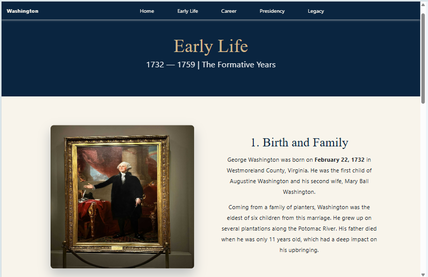Vicruro's tweet photo. Learning React: Week 16// Week 20

Url : https://t.co/bMWrgRss6e

For the love of History I made a website on the First President of America: George Washington 
It consist of 5 pages : Home ,Early life , Career Presidency, Legacy. https://t.co/nidRLyNksW