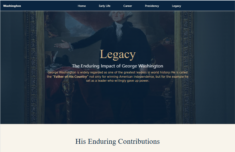 Vicruro's tweet photo. Learning React: Week 16// Week 20

Url : https://t.co/bMWrgRss6e

For the love of History I made a website on the First President of America: George Washington 
It consist of 5 pages : Home ,Early life , Career Presidency, Legacy. https://t.co/nidRLyNksW