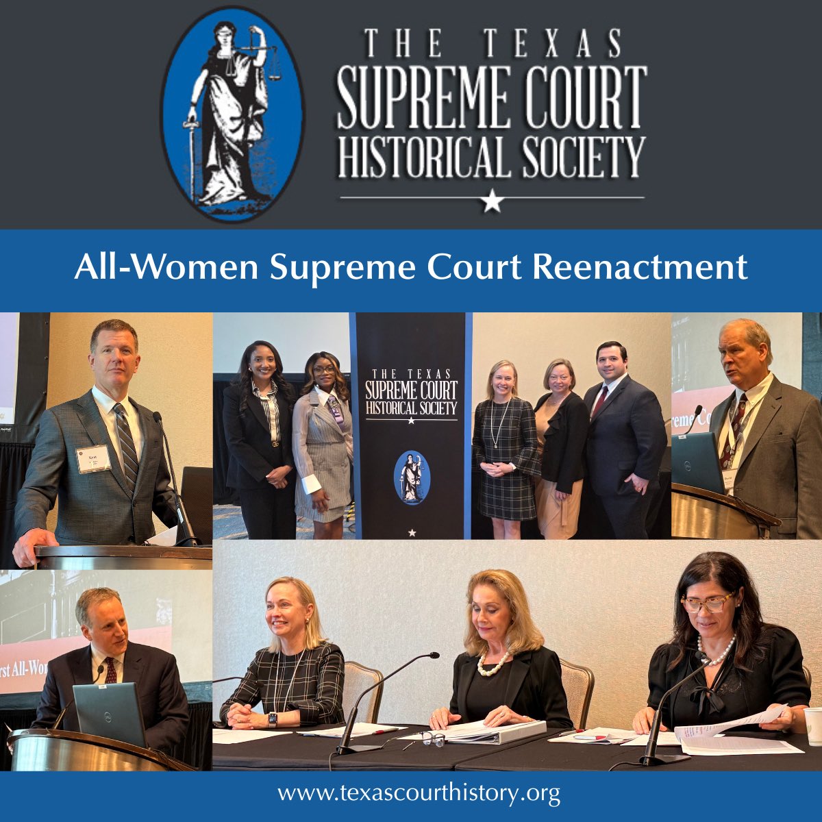SCOTXHistSocy's tweet photo. Thank you to everyone who joined us for the reenactment of the 1925 All-Women @SupremeCourt_TX case at the 2026 @statebaroftexas Annual Meeting. Thank you to @JusticeLehrmann, @courthouse_mom, and @rebecaahuddle for presiding and everyone else who participated. #SBOT26 #SBOT https://t.co/WtUTS9hSba