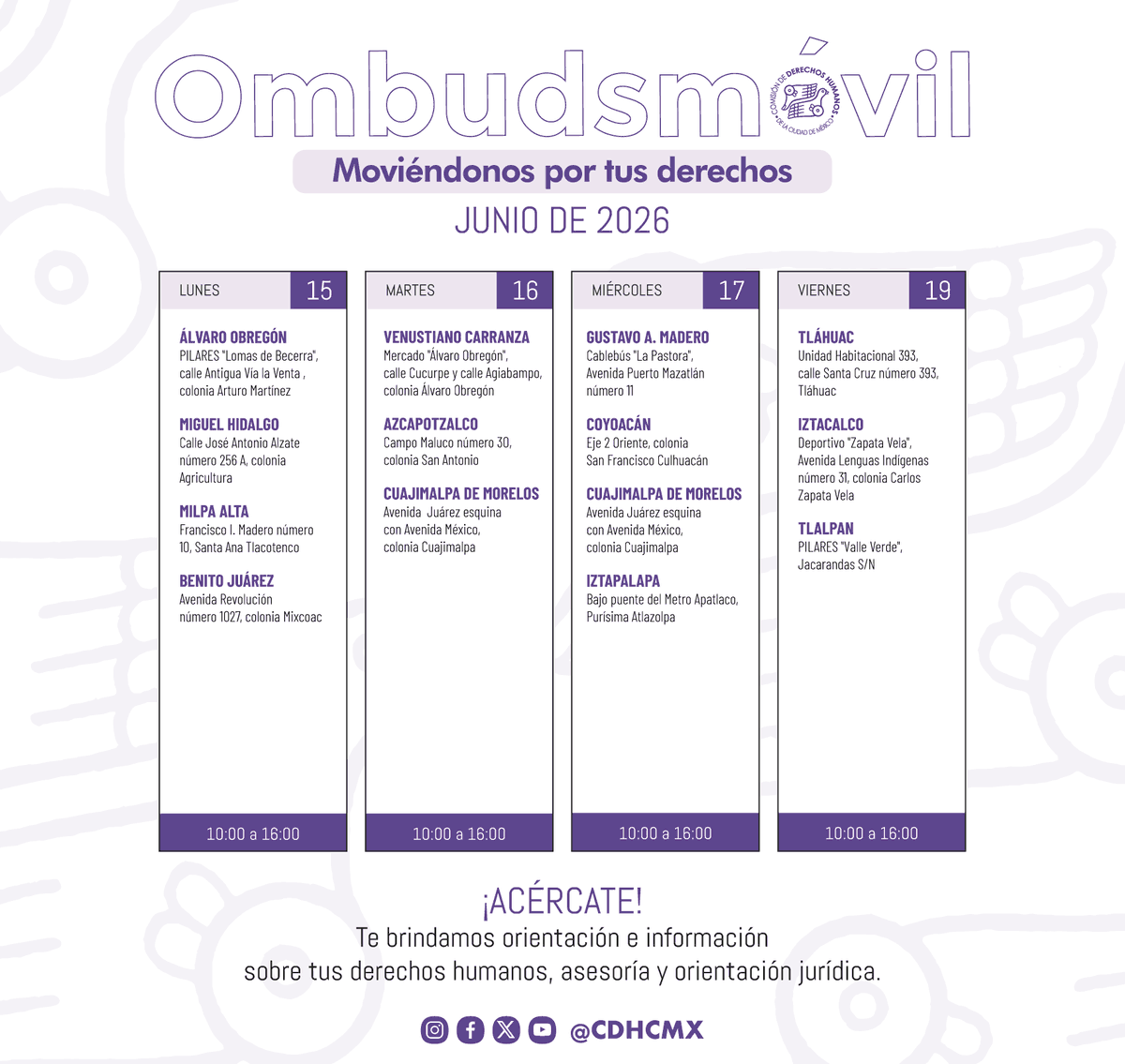 CDHCMX's tweet photo. 🚐 ¡Acércate a nuestras unidades #Ombudsmóvil!

👉 En ellas encuentras orientación y otros servicios que ofrecemos completamente gratis.

📍 Te compartimos ubicaciones y horarios:
https://t.co/dKAb4RyjkE https://t.co/jFlRpCh61N