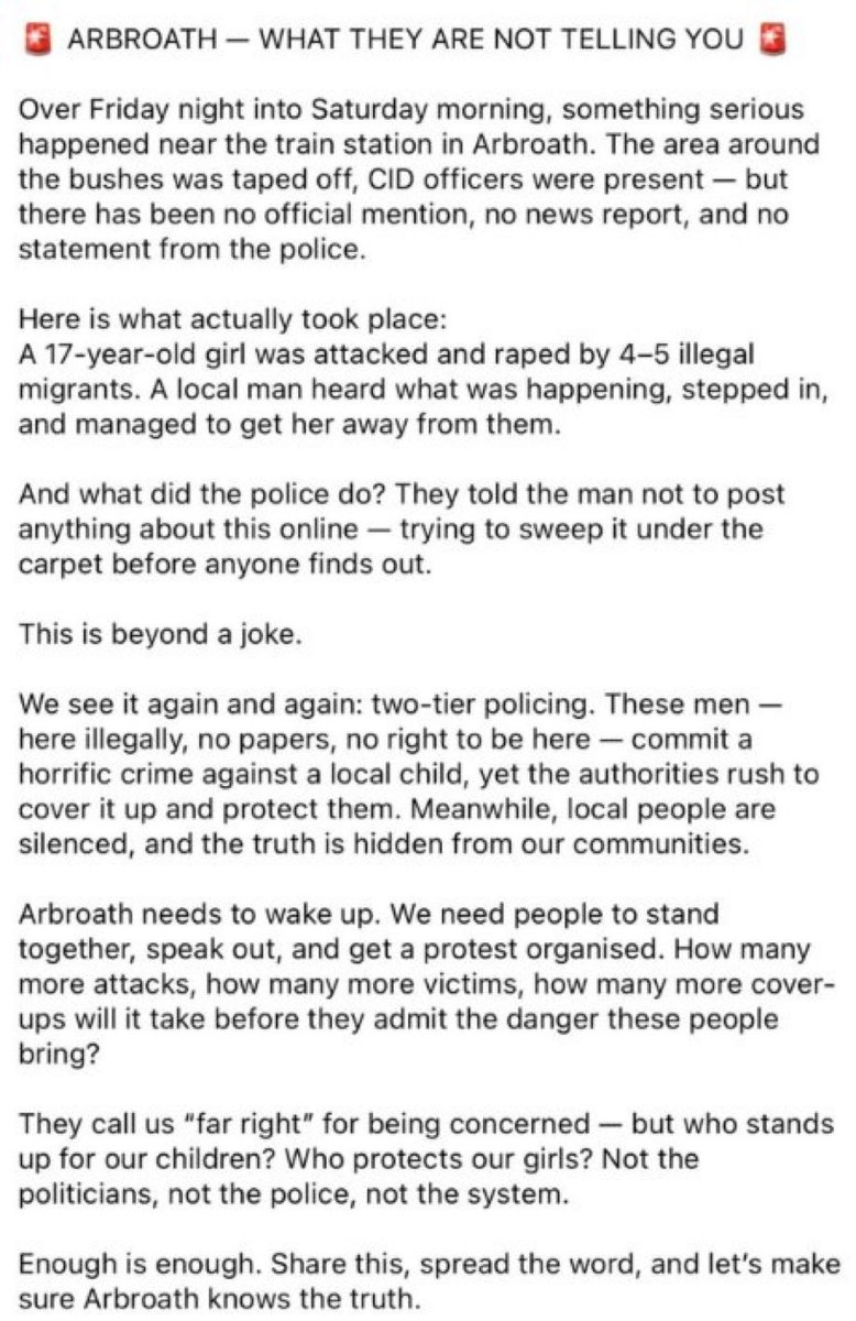 benonwine's tweet photo. A man has been charged after a woman was allegedly raped in Arbroath.

The 23-year-old will appear at Forfar Sheriff Court over the alleged serious sexual assault in the Bridge Street area on Saturday June 6.

The age of the woman is not known, but it is understood she is an adult.
Police Scotland told The Courier it is aware of posts on social media relating to the alleged incident, but confirmed it did not involve illegal migrants.

Man charged after Arbroath ‘rape’
A Police Scotland spokesperson said: “On Saturday, 6 June, 2026, we received a report of a serious sexual assault in the Bridge Street area of Arbroath.

“A 23-year-old man was arrested and charged in connection and is due to appear at Forfar Sheriff Court at a later date.”

There are rumours it was Illegal migrants but they are just rumours at the moment as police have not revealed details of the perpetrators as of yet. But nothing surprises me now as it probably doesn’t with you.