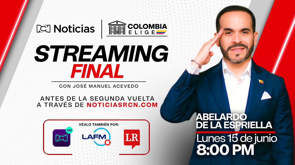 JoseMAcevedo's tweet photo. Es HOY.
#ElStreaming final con @ABDELAESPRIELLA . 8pm en su red favorita. Búsquenos en @NoticiasRCN y envíenos sus preguntas para el candidato… https://t.co/0kW9uhiUzA