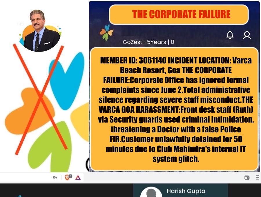 DRHARISHGUPTA's tweet photo. @clubmahindra @ClubMahindra
Corporate Office is shielding aggressive staff! At Varca Goa, front desk staff Ruth humiliated me &amp; used guards to threaten a false Police FIR over an internal IT system glitch. Memb ID: 3061140. Ignored since June 2. Disgraceful! #ClubMahindra #Harassment https://t.co/4eS7RVTnoe