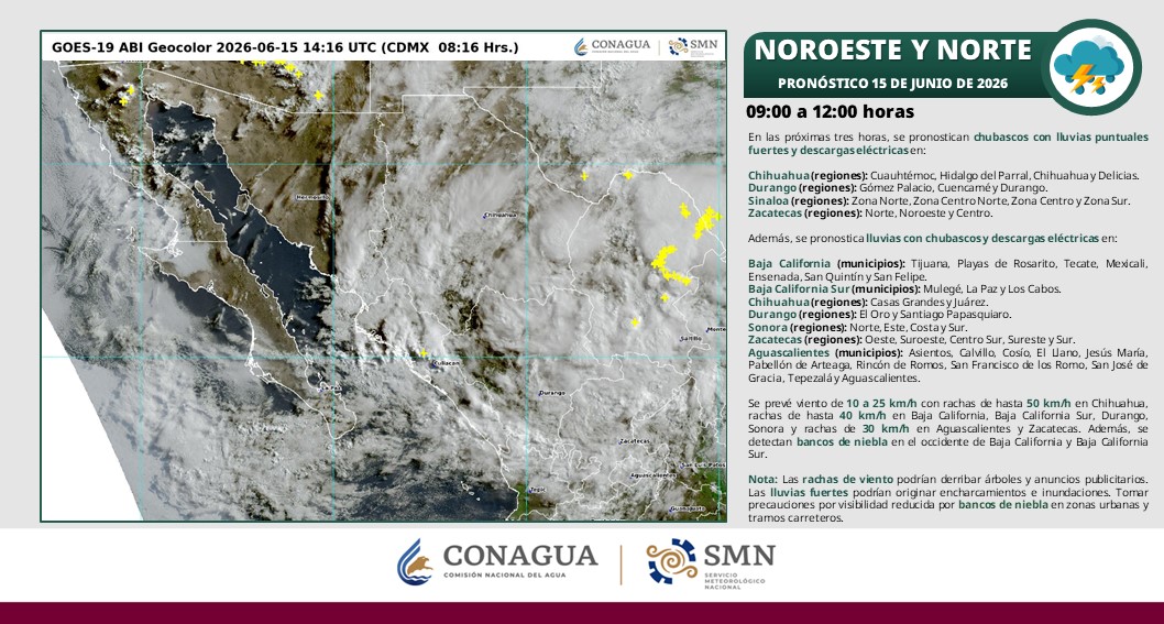 conagua_clima's tweet photo. Se pronostican #Luvias fuertes, #DescargasEléctricas y #Rachas de #Viento de 30 a 50 km/h en zonas del noroeste, norte y noreste de #México. https://t.co/UBHTTHAdE6