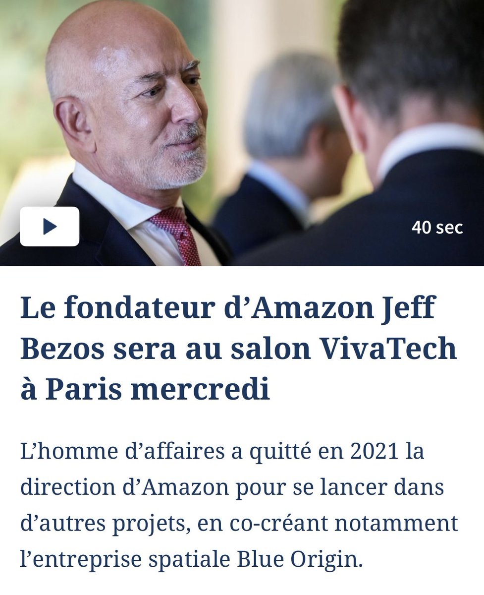FBrunner_'s tweet photo. .@JeffBezos, fondateur d’Amazon et de Blue Origin, prendra la parole sur la grande scène centrale de @VivaTech à Paris, le mercredi 17 juin 2026, pour une intervention d’envergure mondiale. 

À chaque édition de #VivaTech, sa surprise. Jeff Bezos est une figure décisive de la puissance technologique et de la nouvelle ère spatiale. Il viendra exposer sa vision de l'innovation, de l'entrepreneuriat et de l'avenir de l'humanité. 

Ses déclarations vont marquer cette 10e édition de VivaTech, alors que Jeff Bezos est aujourd’hui en position de challenger face à SpaceX. L’éminent leader précisera notamment ses ambitions et ses desseins entrepreneuriaux.  

À partir de mercredi, Paris deviendra la capitale mondiale de l’innovation. VivaTech s’impose définitivement comme un rendez-vous majeur de la puissance technologique, à l’échelle de toute la planète.