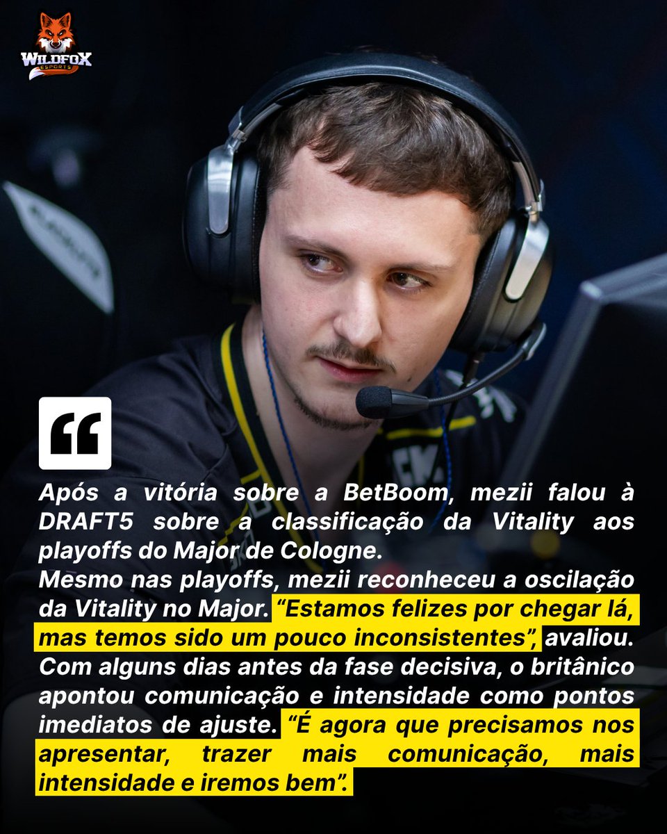wfxoficial's tweet photo. 🚨 mezii admite Vitality irregular no Major 

Após a vitória sobre a BB, mezii falou à DRAFT5 sobre a classificação da Vitality aos playoffs do Major de Cologne https://t.co/Gf90h7S2Yb