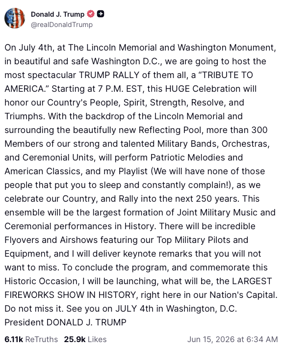 Phastidio's tweet photo. Tutto prevedibile: non essendo nato il 4 luglio ma alcuni giorni prima, il narciso maligno ha deciso di sequestrare le celebrazioni. Il Tribute to America diventa TRUMP RALLY (tutto con le maiuscole). 
L'État c'est lui. https://t.co/s4NDQmpsXx