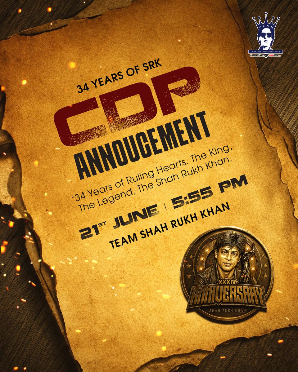 teamsrkfc's tweet photo. 🚨👑 SRKians, get ready! 👑🚨

A special surprise is coming your way as we celebrate 34 Years of Shah Rukh Khan ruling hearts across the globe! ❤️✨

📅 21st June ⏰ 5:55 PM

The official 34 Years of SRK Celebration CDP drops soon. Get ready to wear your pride and celebrate the King like never before! 🔥

@iamsrk

#34YearsOfSRKinBollywood #TeamShahRukhKhan #SRK #King #ShahRukhKhan