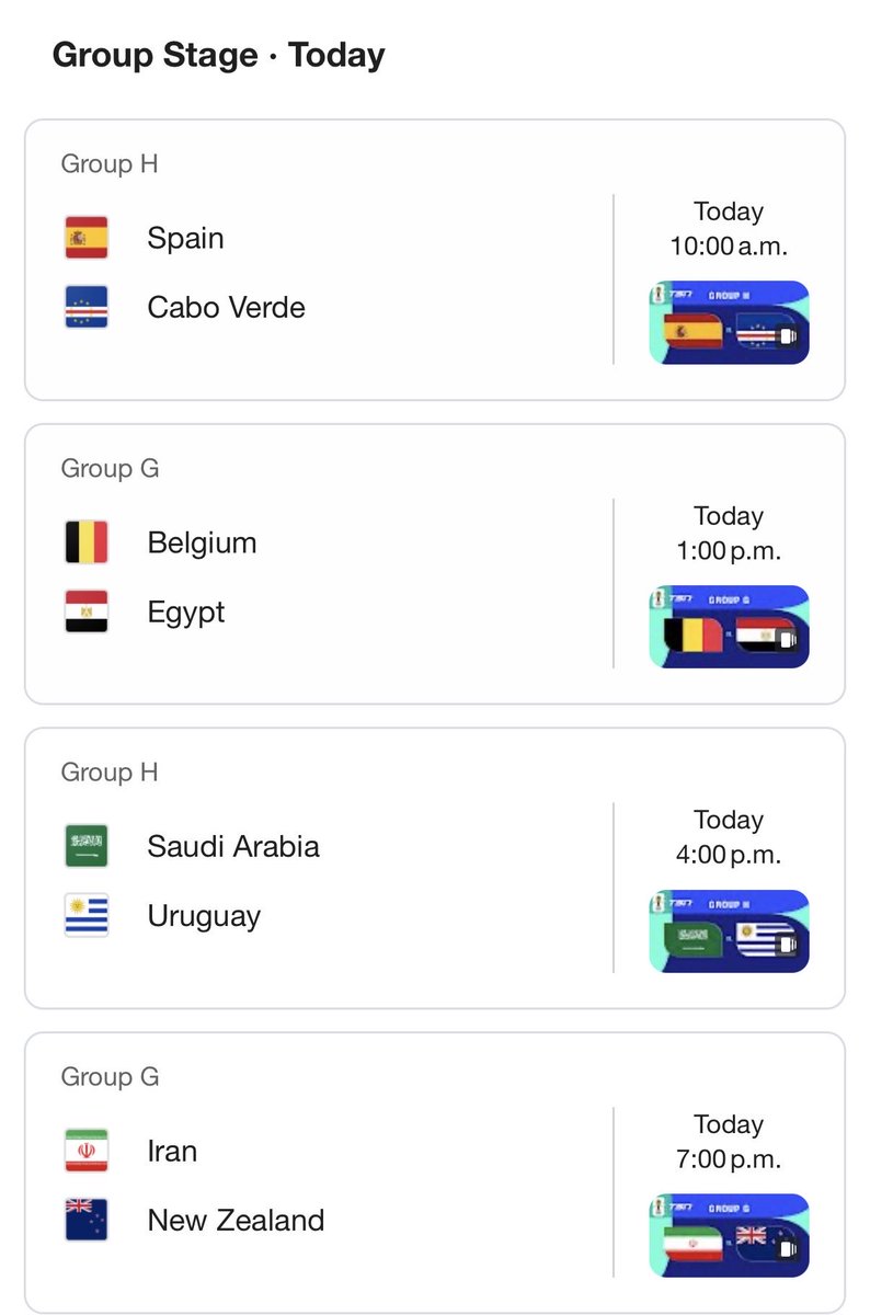 BoimahGordon's tweet photo. Today's FIFA World Cup 2026 fixtures (Calgary Time)

Spain vs Cape Verde 
⏰10:00 AM MDT
🏟️Atlanta Stadium, Atlanta

Belgium vs Egypt 
⏰1:00 PM MDT
🏟️Seattle Stadium, Seattle

Saudi Arabia vs Uruguay 
⏰4:00 PM MDT
🏟️Miami Stadium, Miami

Iran vs New Zealand 
⏰7:00 PM MDT
🏟️Los Angeles Stadium, Los Angeles