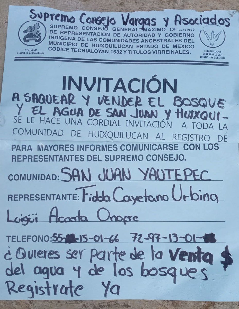 Huitzquillocan2's tweet photo. Habitantes de San Juan Yautepec, #Huixquilucan denuncian a los integrantes del supuesto Consejo Supremo Indígena, como cómplices de Enrique Vargas del Villar en el saqueo de los bosques y el agua de San Juan.
#VargasSenador https://t.co/anWLmNXmdW