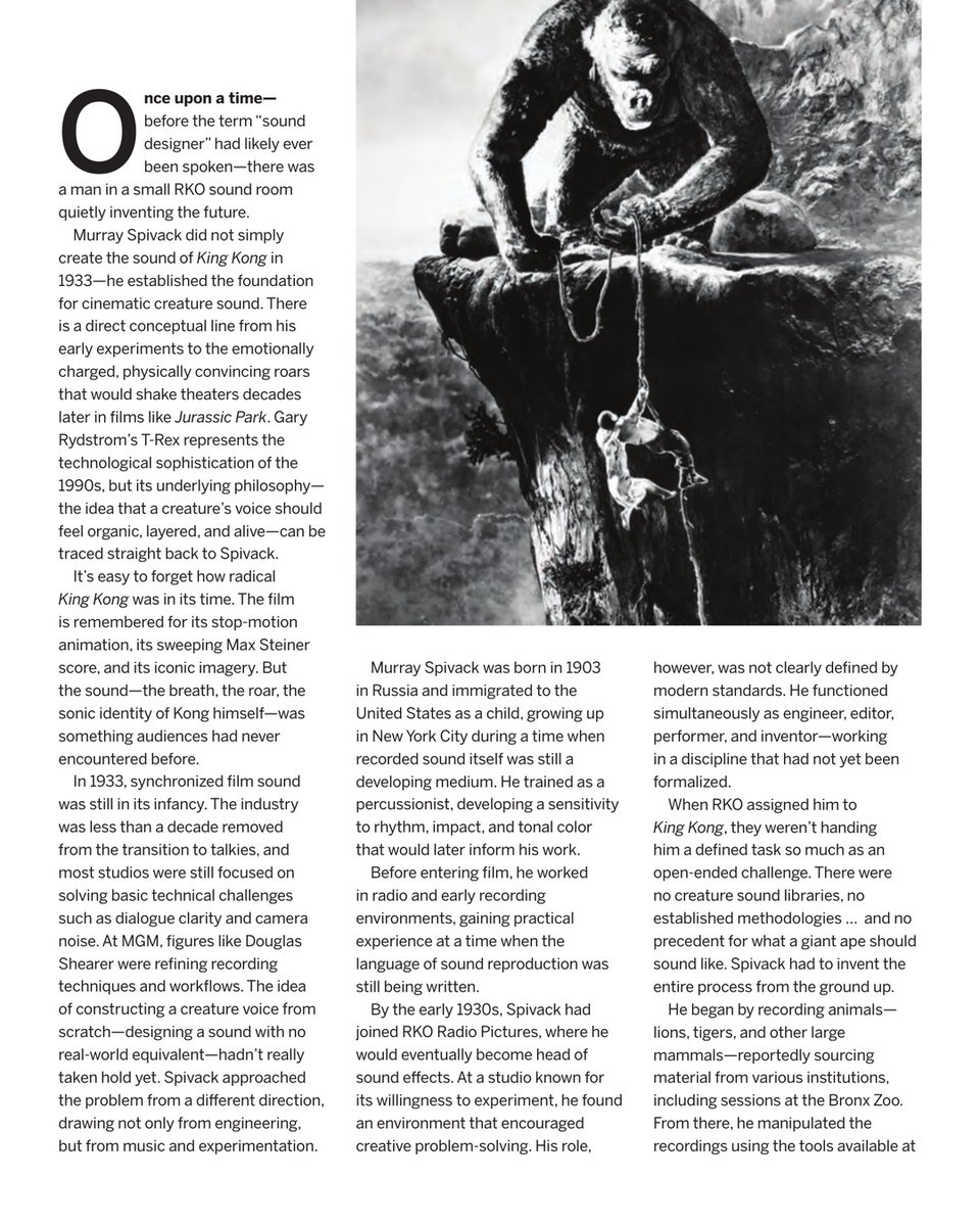 mpseorg's tweet photo. In “Murray Spivack and King Kong,” Steve Lee of the Hollywood Sound Museum traces the legacy of a pioneering sound artist whose approach still echoes through cinematic sound today: from Kong’s roar to the dinosaurs of Jurassic Park. https://t.co/QEKQhT4vL4
