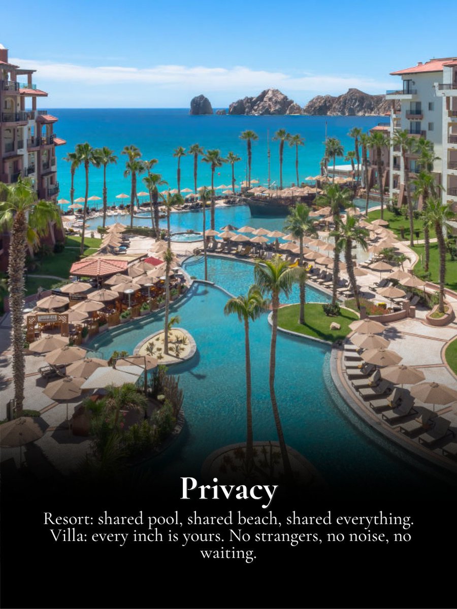 caboIG's tweet photo. Are you team villa or resort? 👀

Both can be amazing in Cabo, but the right choice depends on the trip you’re planning. Resorts are easy, structured, and great when you want everything close. Villas are better when your group wants privacy, space, a private pool, and the freed https://t.co/BsS1U8gdEB