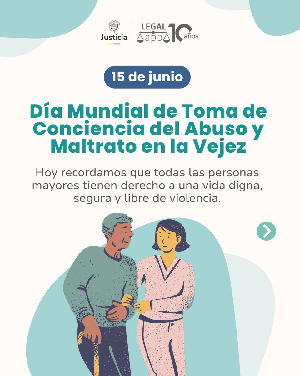 LegalAppMJ's tweet photo. Hoy, 15 de junio, alzamos la voz por una vejez digna y libre de violencias. 👵🏽👴🏽✨

🚨 Si conoces un caso de maltrato o abandono hacia una persona mayor, infórmate sobre las rutas de atención y las entidades que pueden brindar apoyo.

🔗 Clic aquí 👉🏽 https://t.co/0jLPqlIHmM. https://t.co/cgzFwR6Jr0