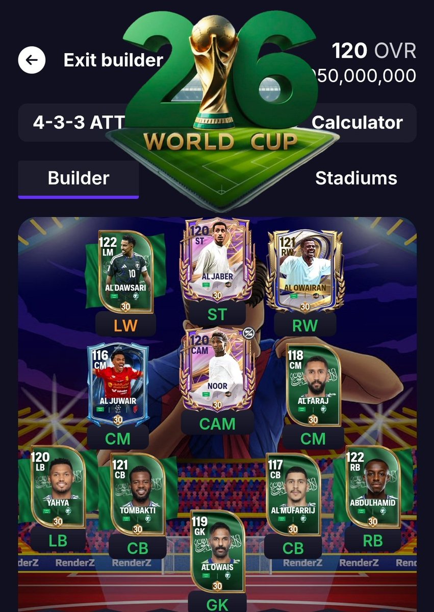 Squadbuilderx's tweet photo. ACTUALIZADO ‼️
#SaudiArabia    
𝐖𝐎𝐑𝐋𝐃 𝐂𝐔𝐏 𝐌𝐎𝐃𝐄: 𝐎𝐍 🌎🏆
48 teams. One trophy. 🏆 
#FIFAWorldCup
@tutiofifa @FirstHalfYT @Jacobek08  @FC_14_STAR @ALANDROID23 @fifarenderz
RT APPRECIATED https://t.co/TfwcZyERQz