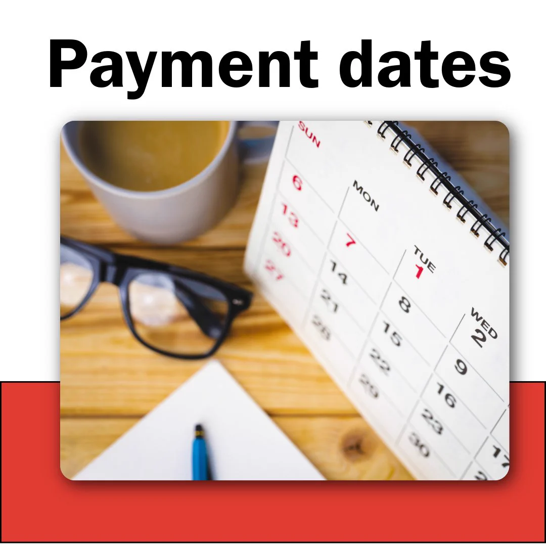 A calendar open to the first week of a month is placed on a wooden surface. Nearby are a pair of glasses, a coffee cup, and a blank notebook with a pen. The words "Payment dates" are displayed at the top.