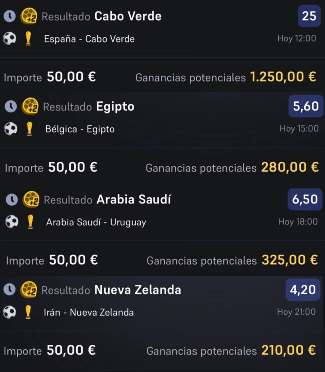 Nebot365's tweet photo. ‼️Día 5 Apostando 50€ a Todos los equipos no favoritos de este mundial 2026

Todos los días que salgamos en ✅ voy a regalar 25€ a un seguidor random que de ❤️

🔴Balance actual:-200€ https://t.co/mzc0jKuzMf