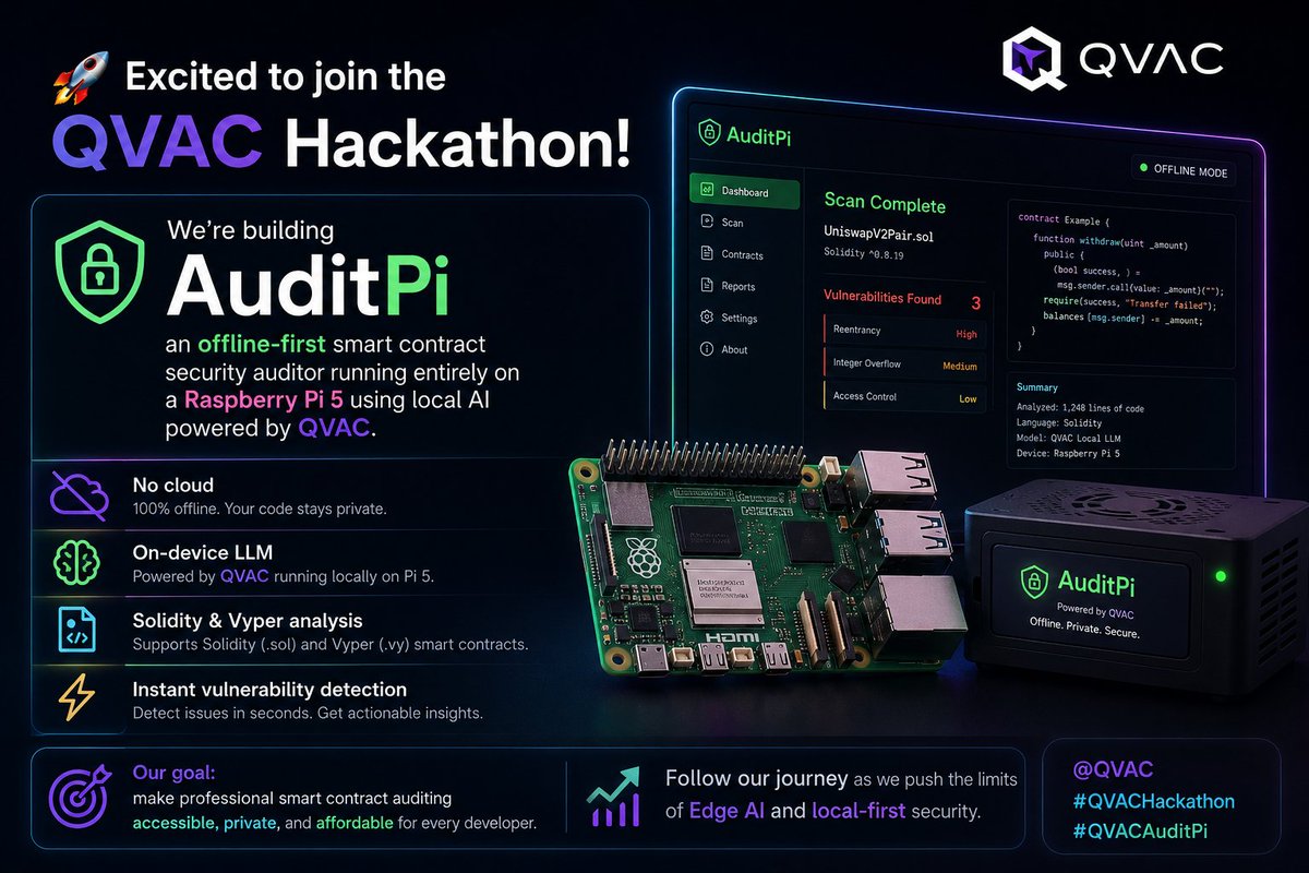 Axelnun63183944's tweet photo. Excited to join the QVAC Hackathon
We're building AuditPi: an smart contract security auditor running entirely on a Raspberry Pi using local AI powered by QVAC.
No cloud
On-device LLM
Solidity &amp; Vyper analysis
Instant vulnerability detection
@QVAC #QVACHackathon #QVACAuditPi https://t.co/bGu2ECNssP