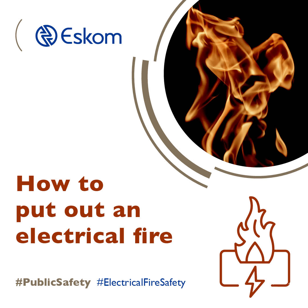 Eskom_SA's tweet photo. Understanding the dangers that may trigger electrical fires in your home is essential for safety. Here are some vital tips to consider when you encounter an electrical fire 

#PublicSafety #ElectricalFireSafety https://t.co/0LJTn6tF0K